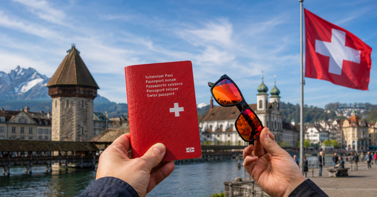 Ein Schweizer Pass und die VisionDrive Nachtfahrbrille mit bernsteinfarbenen Gläsern vor der Luzerner Altstadt und der Schweizer Flagge
